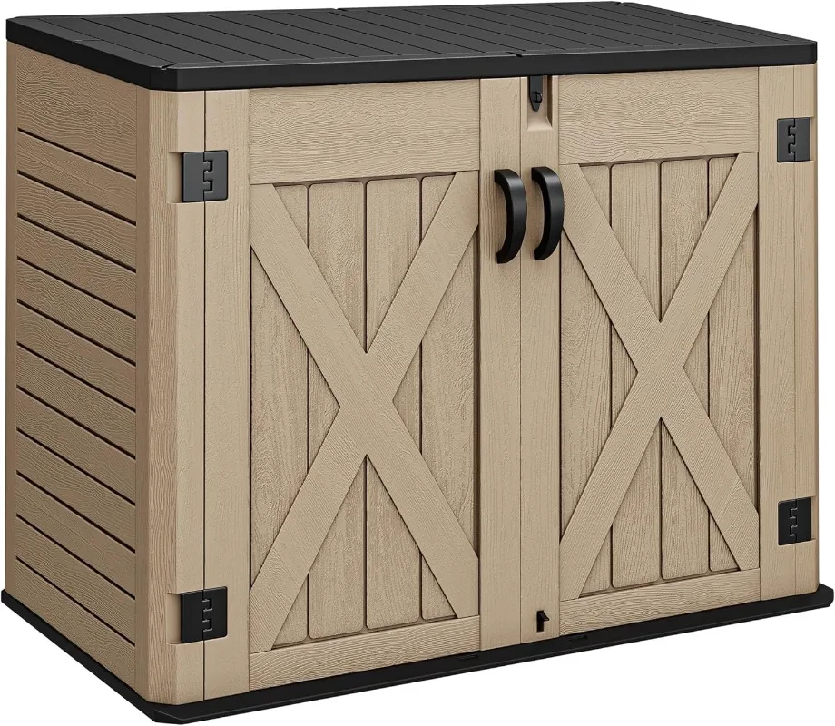 Outdoor Horizontal Storage Shed with X-Shaped Lockable Door, 35 Cu Ft Weather Resistant Resin Tool Shed w/o Shelf, Idea