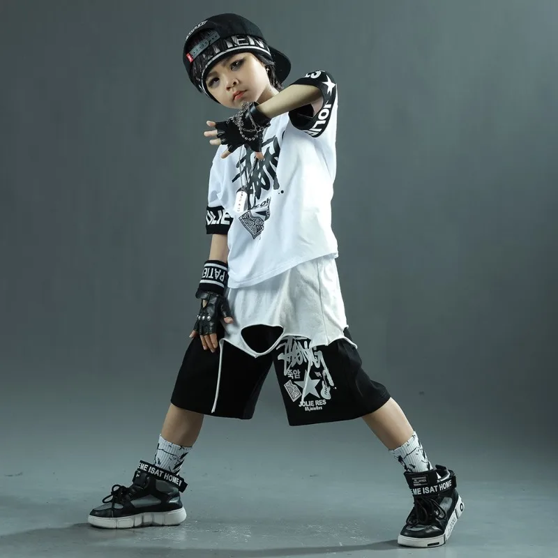 

Boys Hip-hop Clothes Kids KPOP Summer Two-piece White Short-sleeved Sportswear Baseball Skateboard School Group Performance 4-14