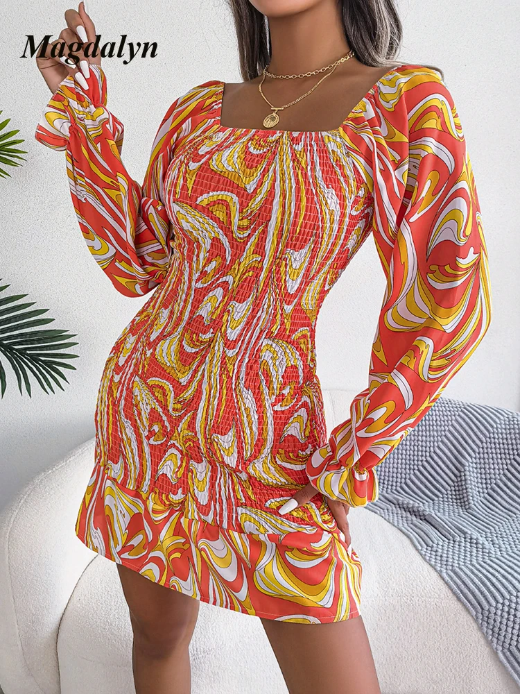 Magdalyn Spring Women Print Chiffon Dress Long Flare Sleeves Square Collar Retro Ruched Dresses Fashion Bohemian Ruffle Vestidos