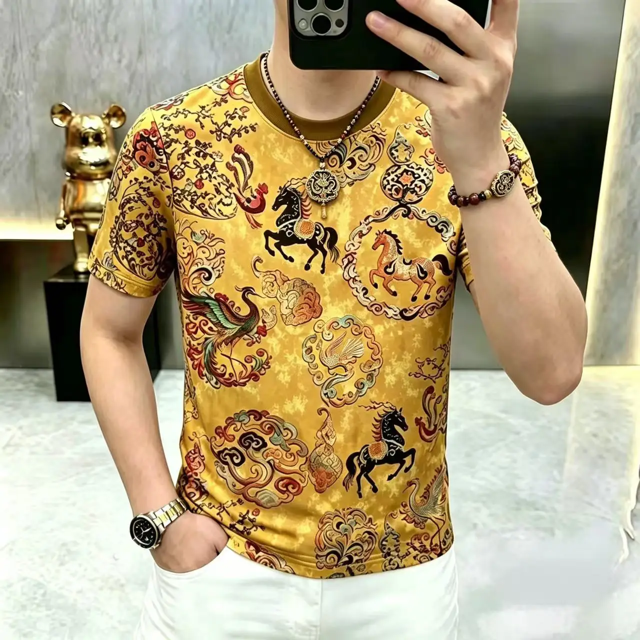 Chinese Elements Print T Shirt For Men Short Sleeved Breathable Summer Quality Polyester Blends Cool Feeling Camisetas De Hombre