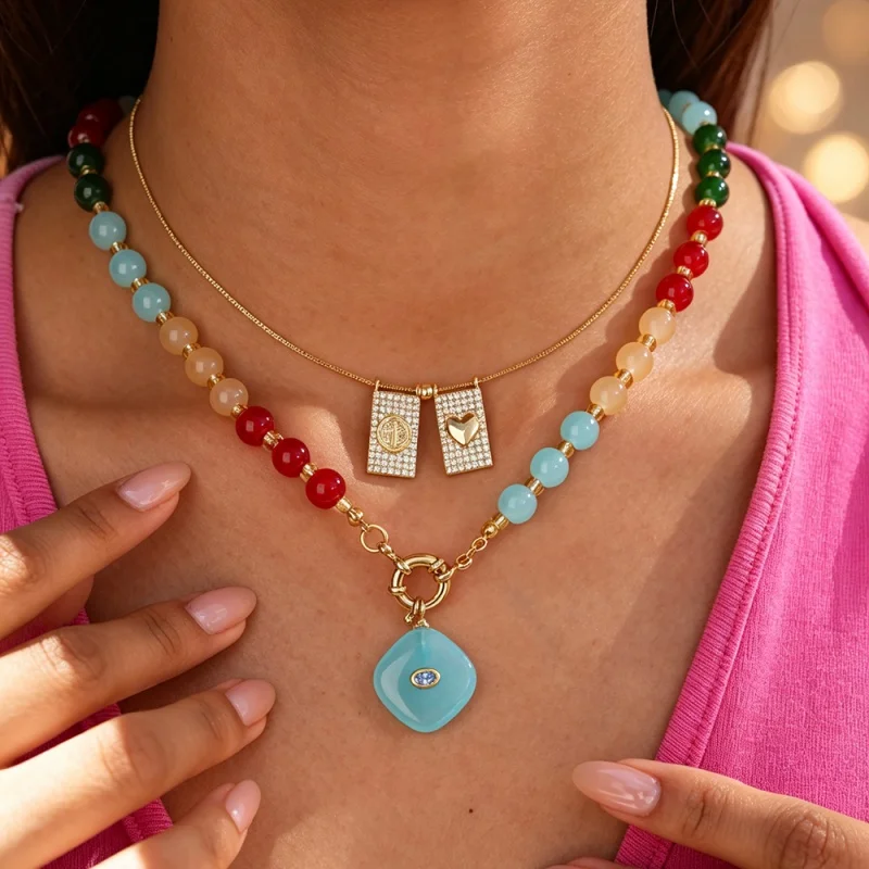 Color Blocked Natural Stone Flat Beads/religious Love Double Hanging Copper Bead Necklace, Can Be Layered for Autumn and Winter