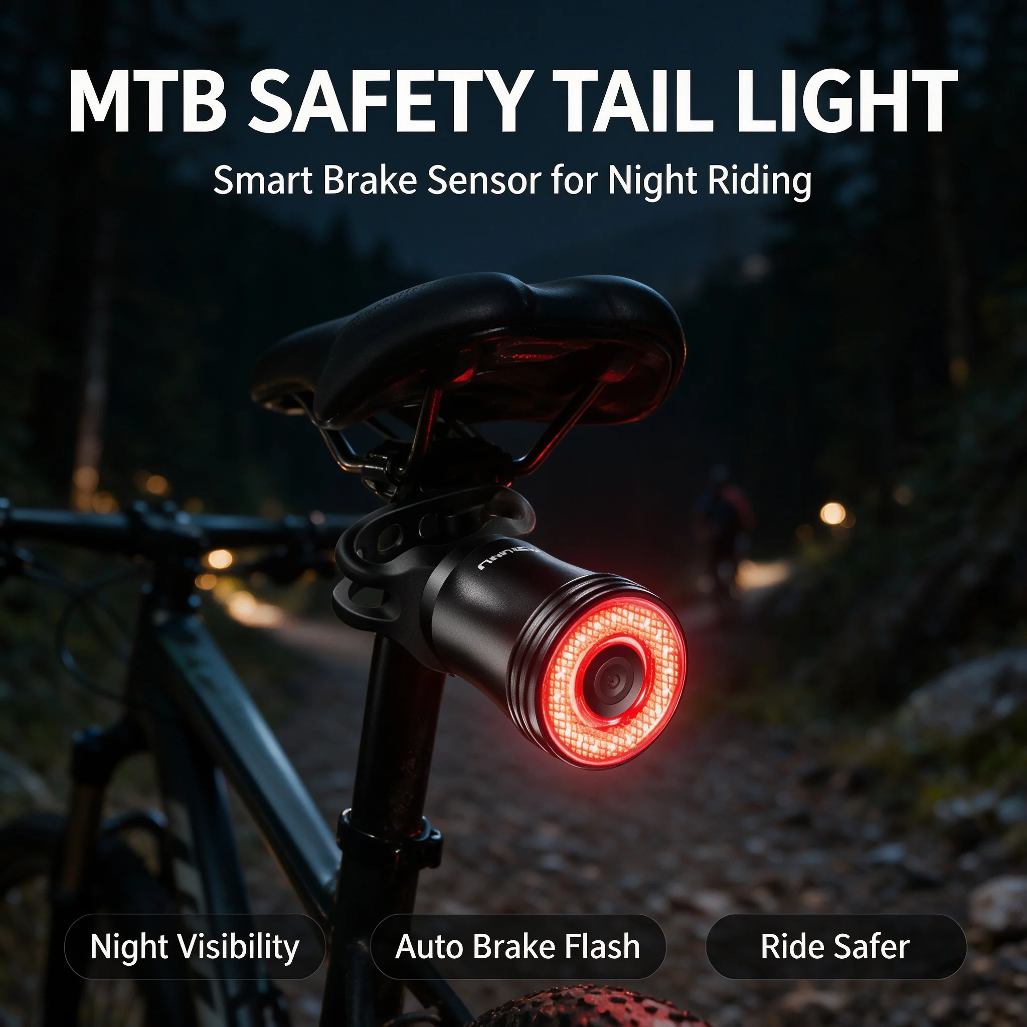 Smart Bike Brake Sensor Rear Light - ไฟท้ายจักรยานอัจฉริยะแบบชาร์จ USB 1 ชิ้น พร้อมเซ็นเซอร์เบรก กันน้ำ