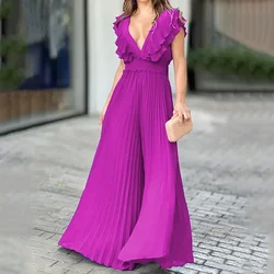 Elegant Jumpsuit Summer Women Clothing 2025 Fashion Casual Sexy V-neck Pleated Wooden Ear Edge Long  Conjoined Body Pants Y2k