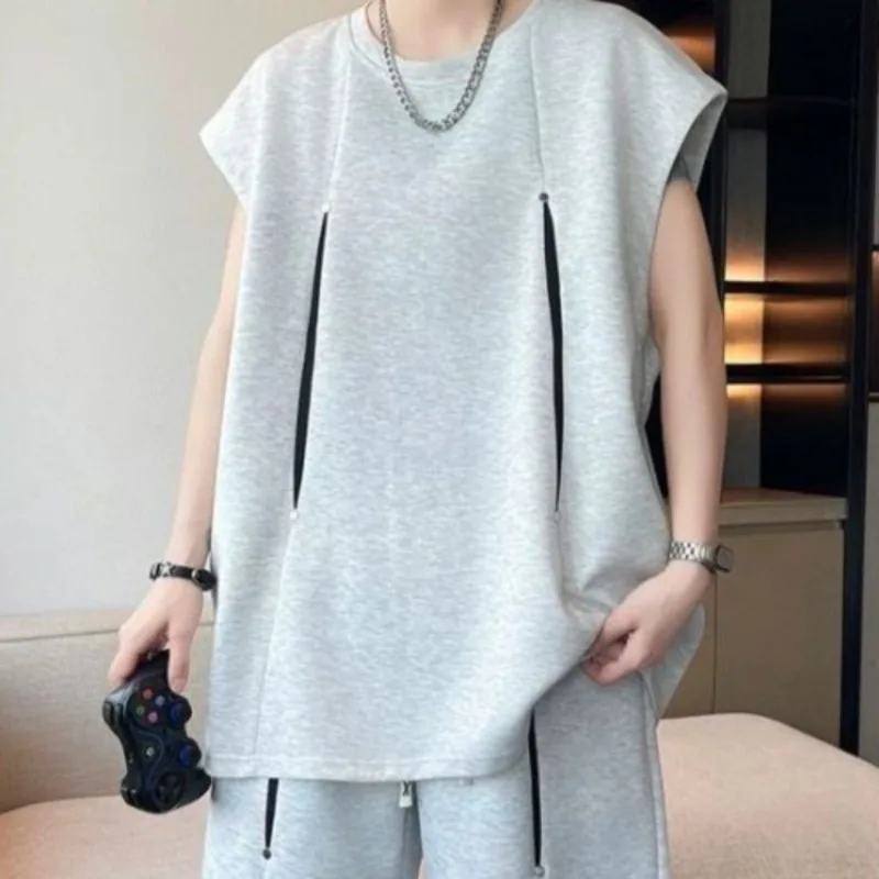 Teenagers Youth Summer Lightweight Men's Sleeveless T-shirt Two Piece Set Trendy Loose All Match Sports Casual Outfit view 5