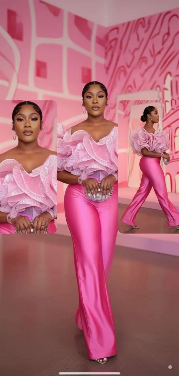 

Luxury Pink Pant Suit 2025 Off Shoulder Ruffled Top Satin Wide Leg Elegant Formal Party Outfit