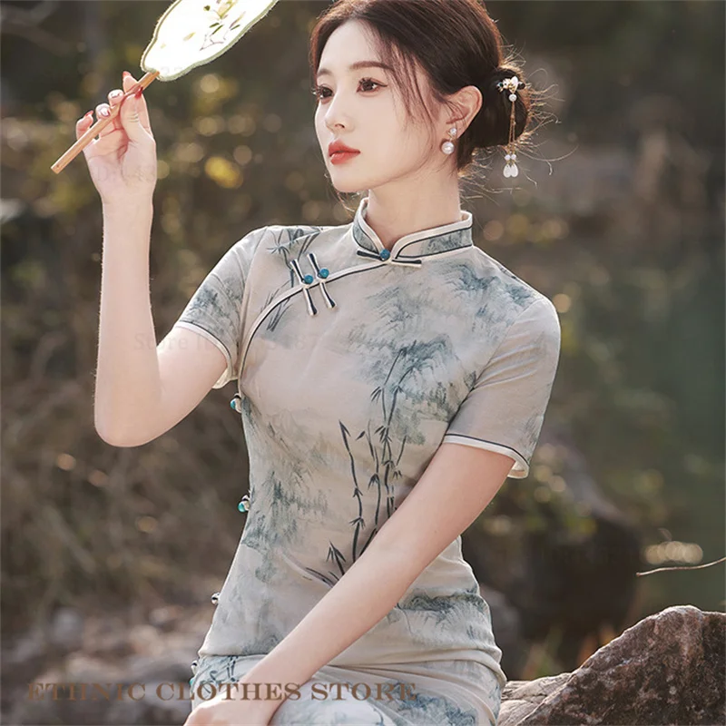 

Elegant Print Bamboo Long Cheongsam Classic Traditional Chinese Dress Spring Summer New Short Sleeve Qipao Dress Sexy Vestidos