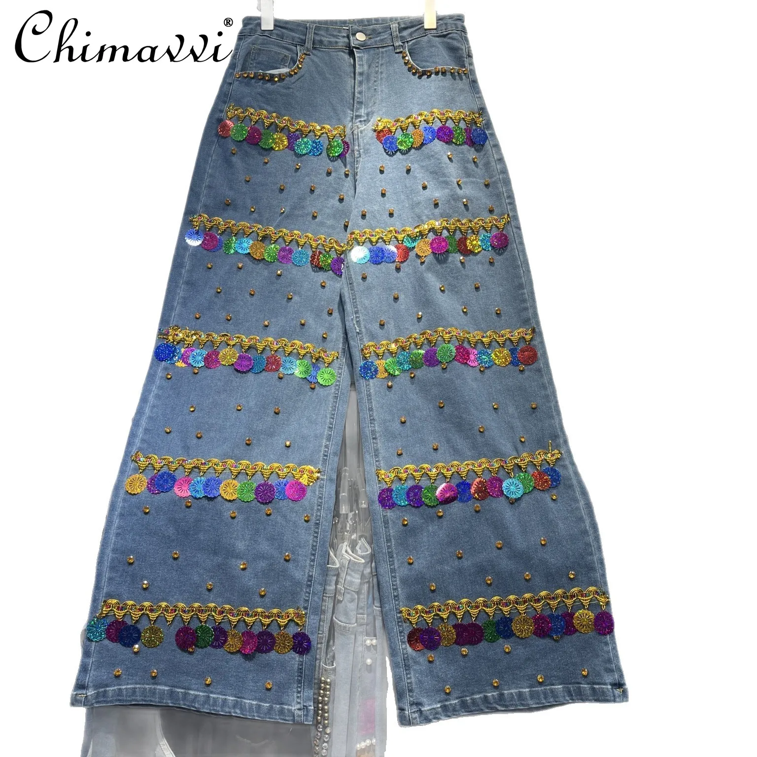 American Retro Spice Girl Design Heavy Color Diamond Large Size Jeans 2025 Summer New Fashion Streetwear Straight Pants