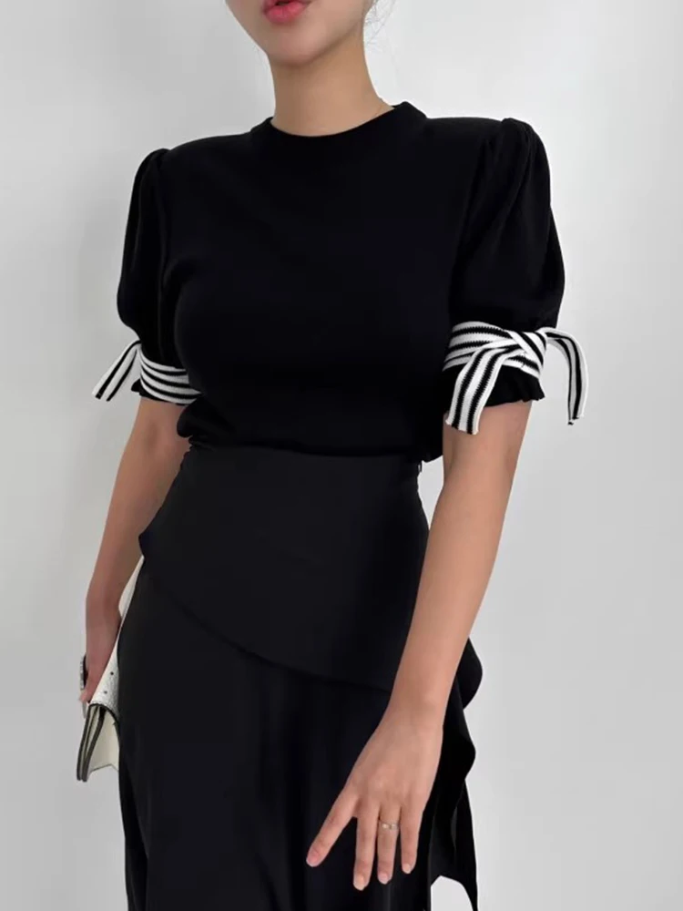 

Fashion Simple Knit T Shirts Pullovers O Neck Short Sleeve Striped Lace-up Design Tops Summer All Match Vintage Women's Clothing