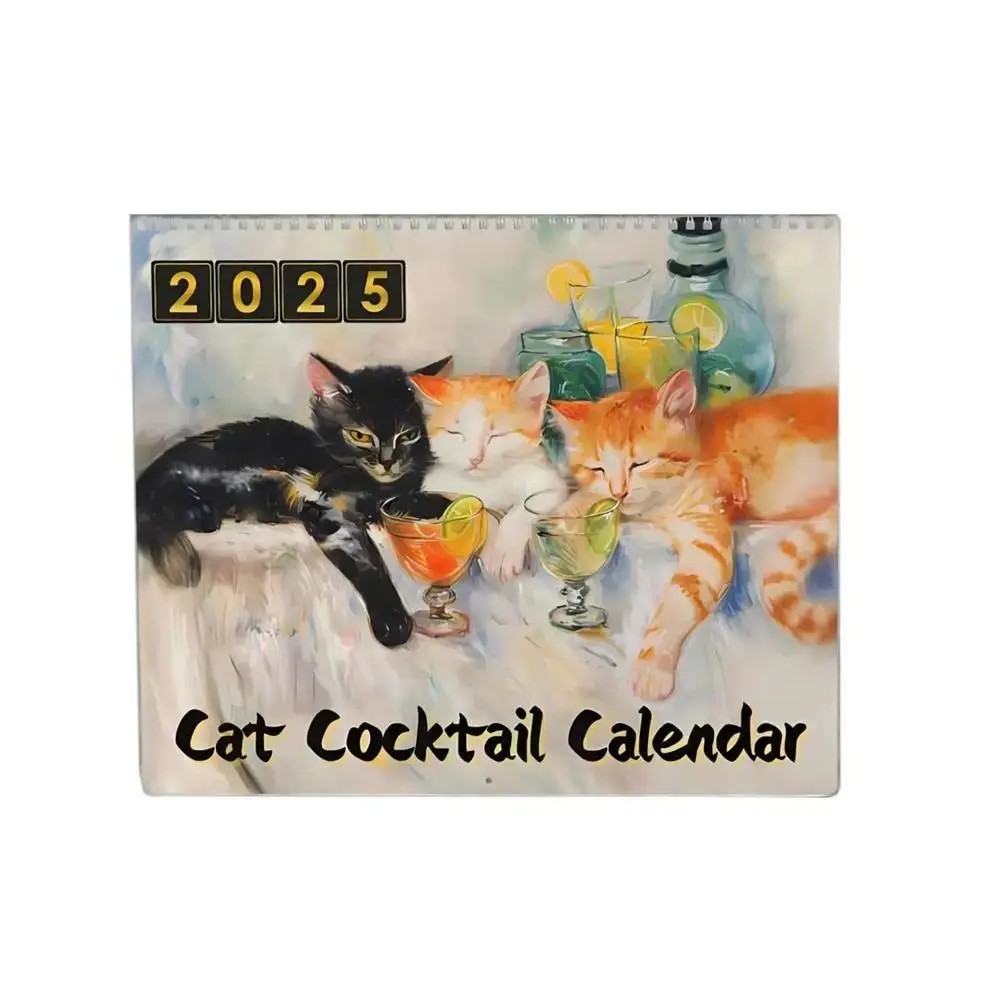 Daily Weekly Monthly Planner 2025 Cat Cocktails Calendar Hangable Paper Wall Calendar Animal Pattern Home Ornaments