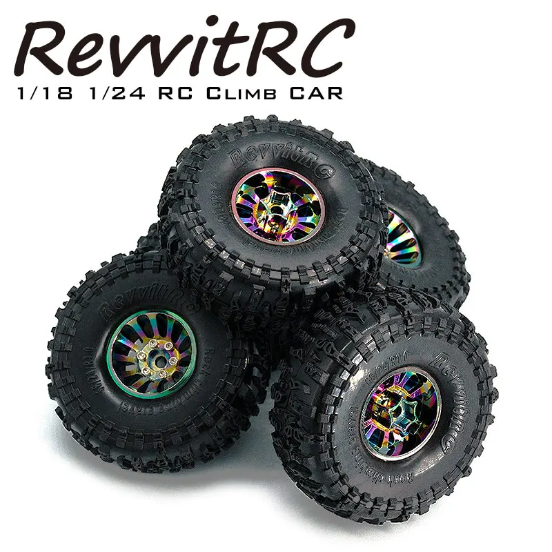 RevvitRC 4pcs Tires Rubber Metal Wheel Rim Hub Set For 1/18 1/24 HSP HPI SCX10 TRX-4 TRX-6 RC Crawler