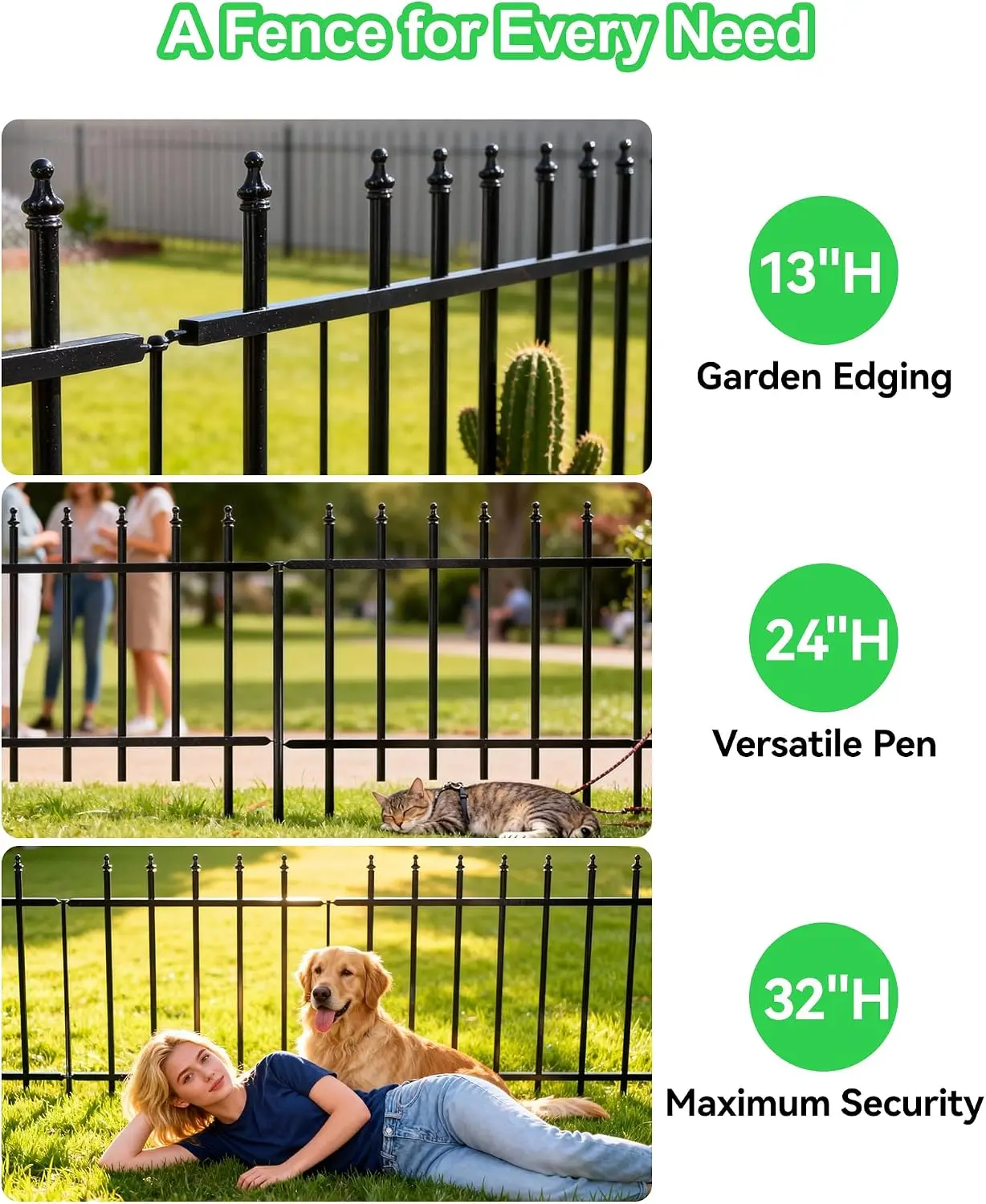 12-Panel Wrought Iron Garden Fence, 24in H x 24ft L, Thickened Hollow Iron Tubes, Multi-Purpose Metal Fence for Dogs, Gardens