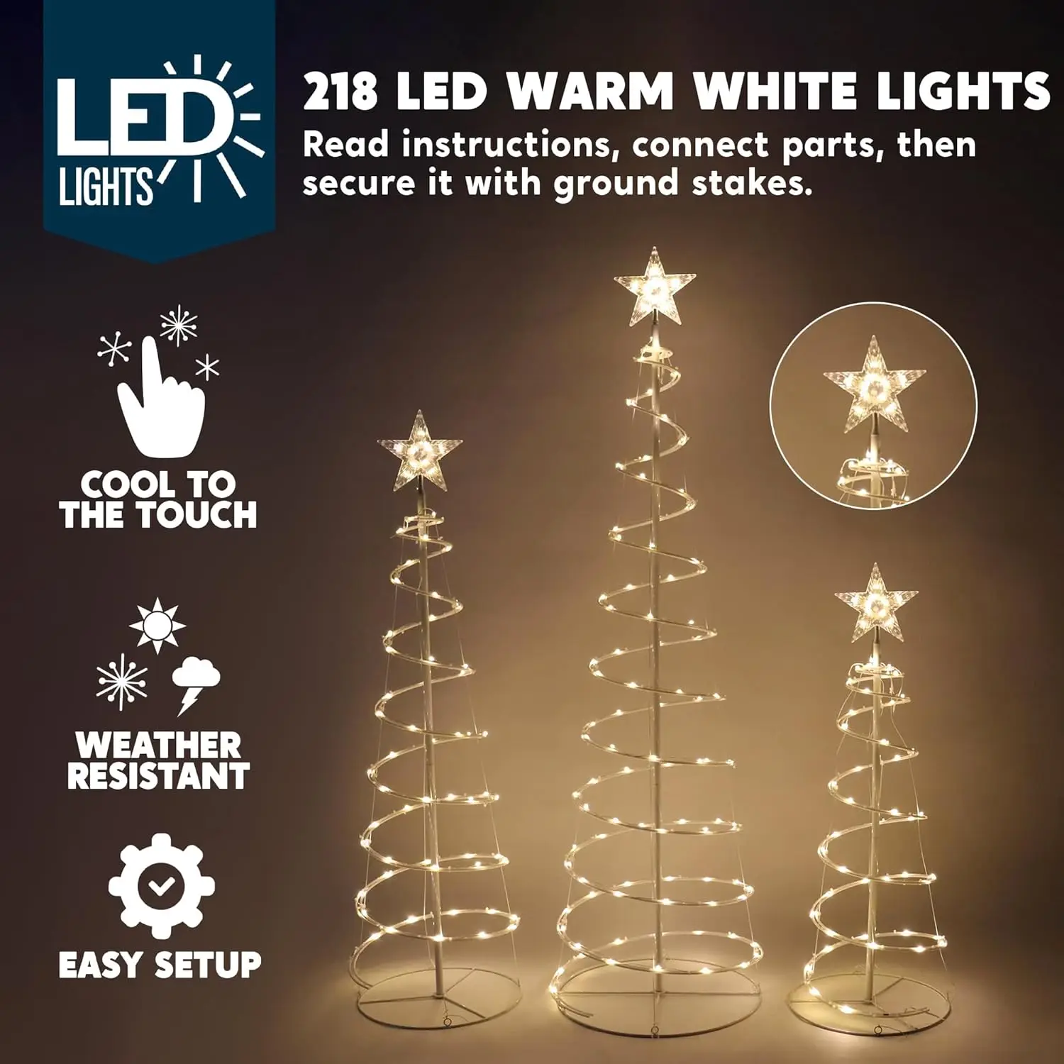 JOYFY Lot de 3 lumières d'arbre de Noël en spirale 218 LED Arbre éclairé extérieur pour décorations de Noël Cour Décor de nuit de réveillon de Noël