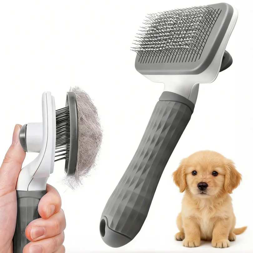 

Pet Grooming Brush with One-Click Hair Removal, Bent Needle Massaging Comb for Dogs & Cats