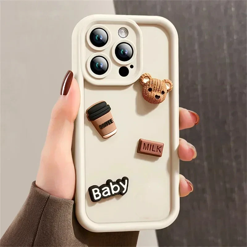 Korean 3D Coffee Bear Phone Case For Samsung Galaxy S 24 23 22 21 Ultra Plus FE A 12 32 52 52S 23 33 53 14 34 54 Silicone Cover