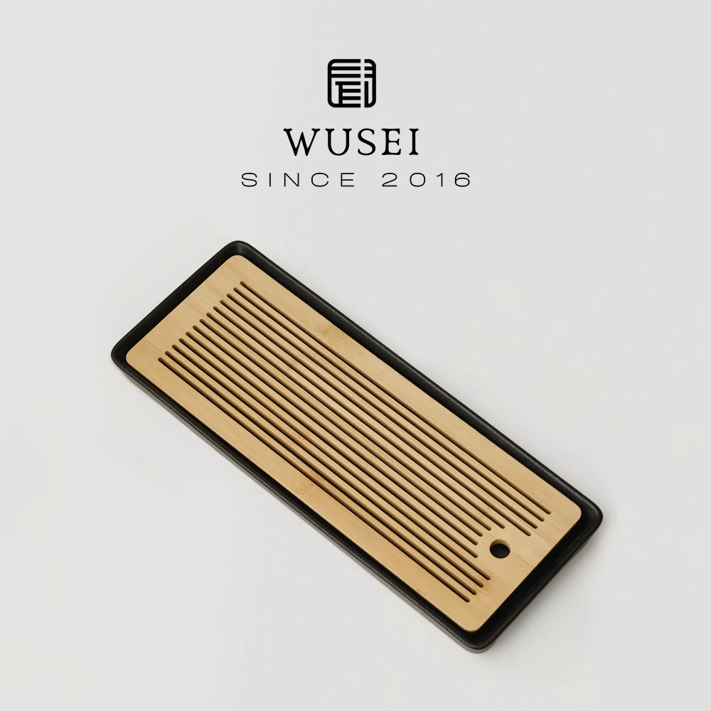 

Wusei Simple Black Sand Coarse Ceramics Tea Tray Double Layer Water Storage Home Use Ceramic Tea Table Rectangular Shape
