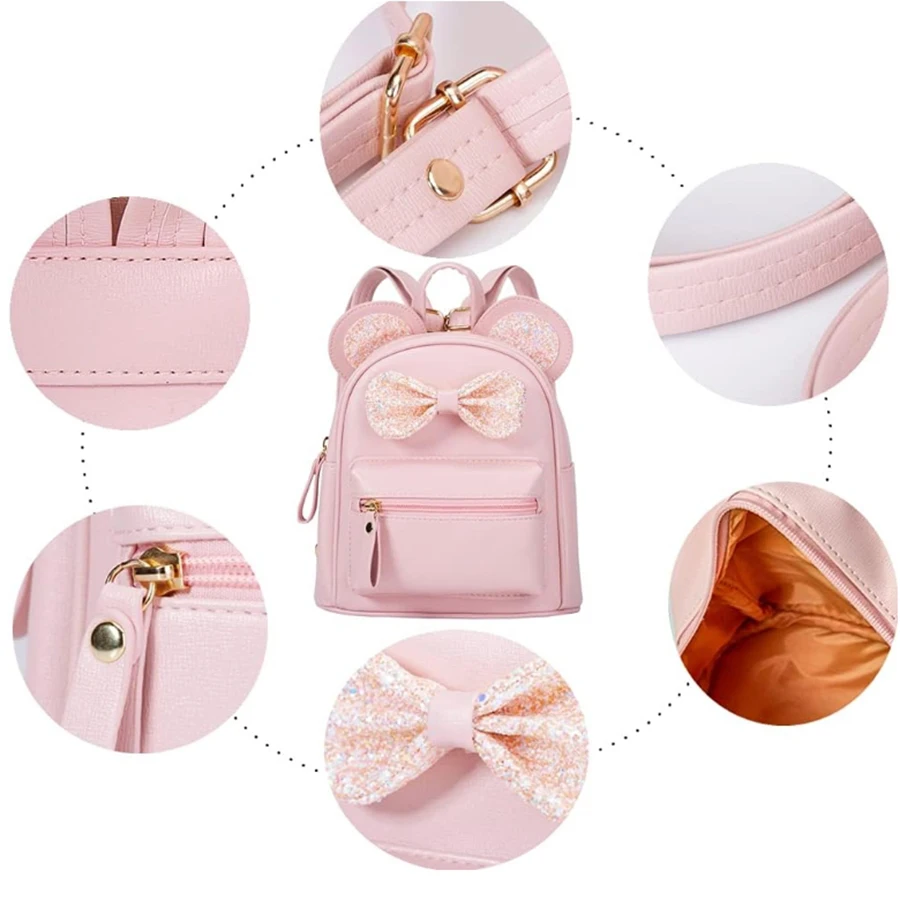 Fashionable and cute mini backpack for children with sequins, bow, mouse ear bag, small travel shoulder backpack suitable for gi