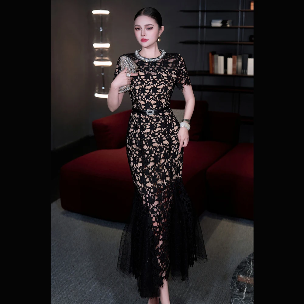 Meyyithun Damesjurk Kant Korte Mouw O-hals Diamant Ingebed Taille-cinched Bodycon Tailored Zeemeermin Jurk