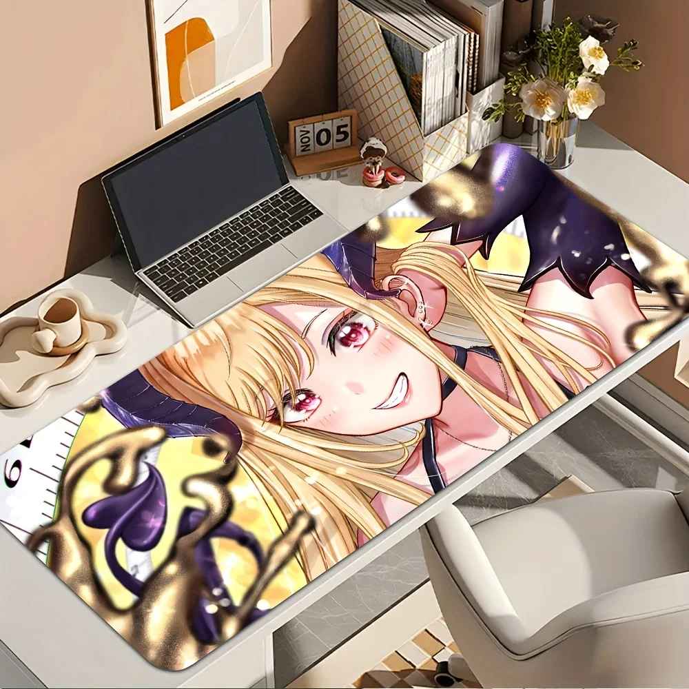Anime Girl Large Mouse Pad XXL, Golden Blonde Pink Hair Heart Eye Desk Mat, Cool Stylish Non-Slip Gaming Keyboard Pad for PC