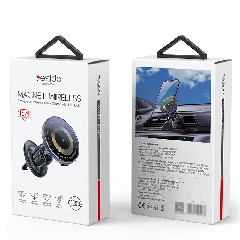 حامل هاتف السيارة المغناطيسي من Yesido بقدرة 15 وات، فتحة تهوية لتكييف الهواء، شحن لاسلكي، ضوء محيط، حامل شحن سريع