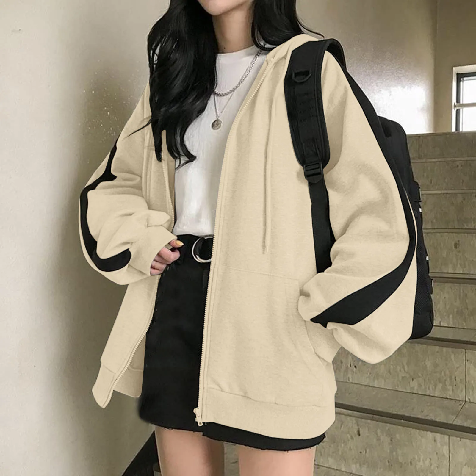 

Harajuku Korean Style Hoodies For Women Fall Solid Loose Zip Up Jacket Coats Vintage Long Sleeve Oversize Hooded Sweatshirts