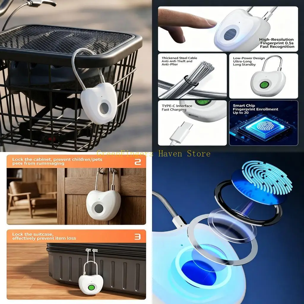 F68D Portable Rechargeable Padlock Intelligent Fingerprint Padlock Electric Lock for Gym Lockers, Luggage, Backpacks & Gate