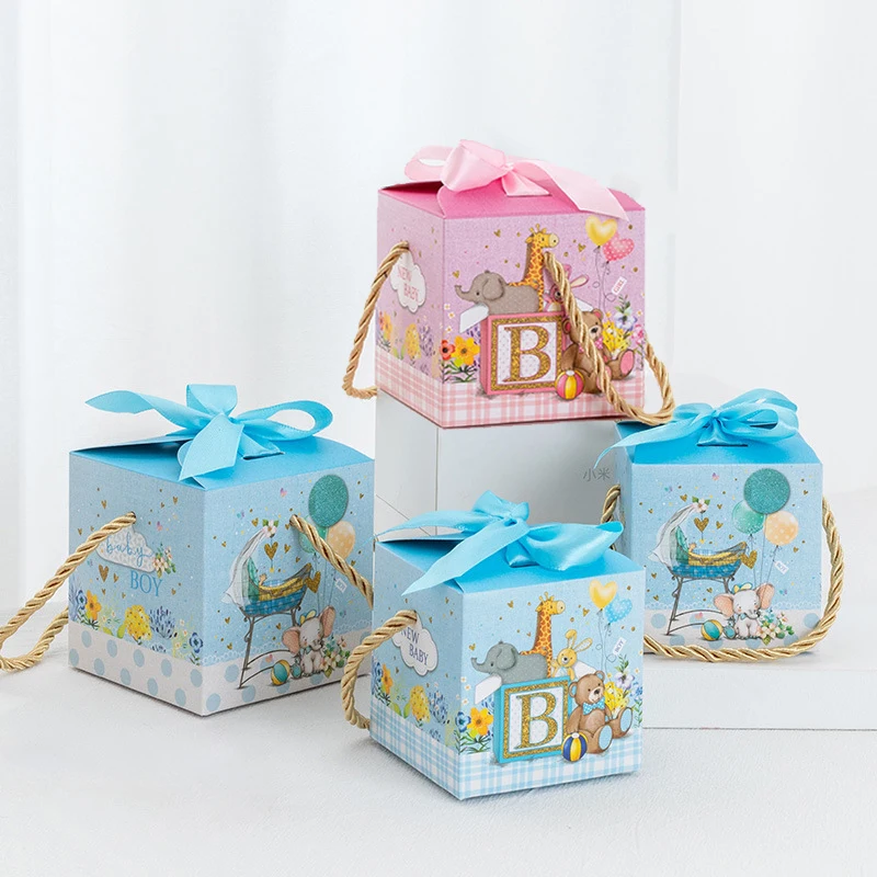 10pcs Birthday Baby Shower Gift Boxes Cookie Candy Box with Ribbons Boy Girl Baptism Gift For Guest Kids Birthday Party Favor