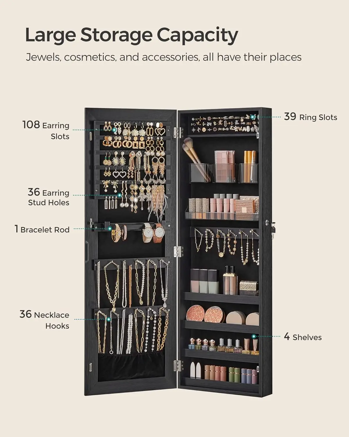 Mirror Jewelry Cabinet Armoire, Wall or Door Mounted Jewelry Storage, Hanging Lockable Frameless with 2 Plastic Cosmeti