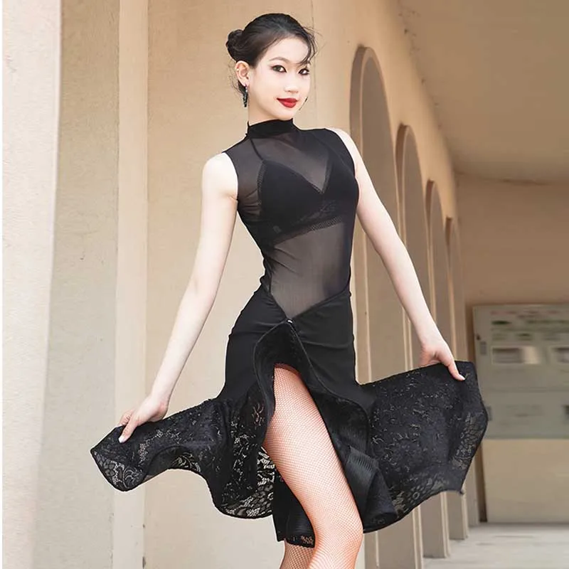 

Latin Dress Black Cha Cha Tango Dancing Stage Costume Women Latin Practice Clothes Lace Ruffle Skirt Ballroom Dancewear VDL1620