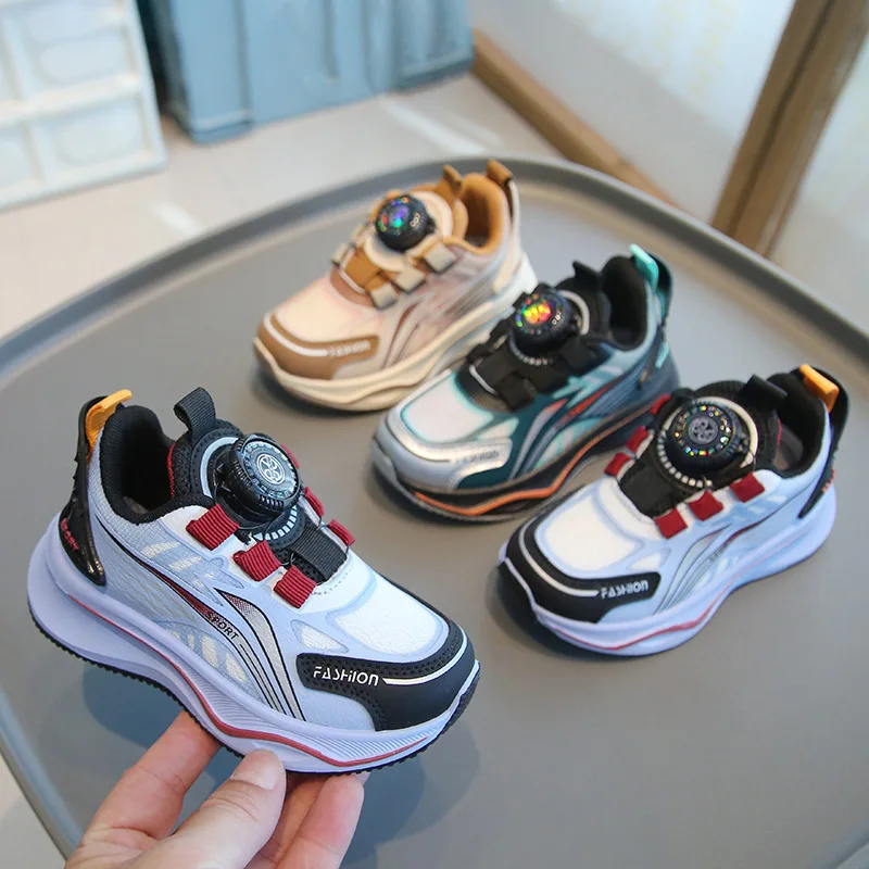 Детские весенне-осенние модные кроссовки для мальчиков, дышащая повседневная обувь с сеткой и поворотными пуговицами, кроссовки для бега на мягкой подошве для девочек, нейтральные