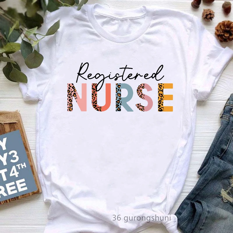 Registered Nurse Letter Print T Shirt Women Leopard Summer Fashion Tshirt Femme Licensed Practical Nurse T-Shirt Female Tops