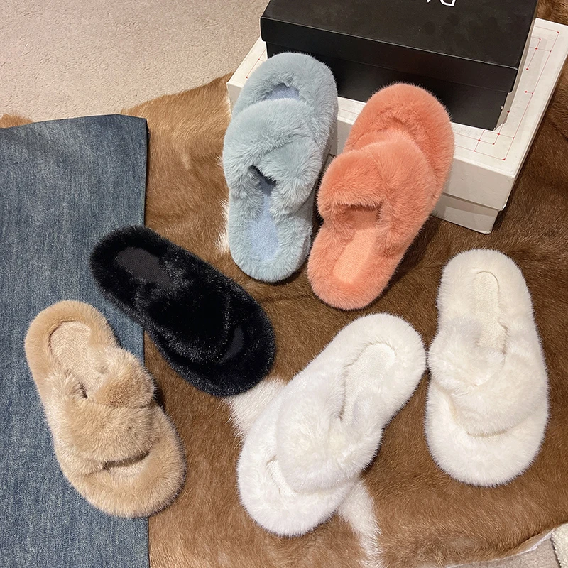 Damen Flauschige Pantoffeln mit Kreuzriemen und Offener Zehenpartie, Weiche Plüsch-Hausschuhe für Drinnen und Draußen, Rutschfeste Warme Damen-Hausschuhe – Detail 10