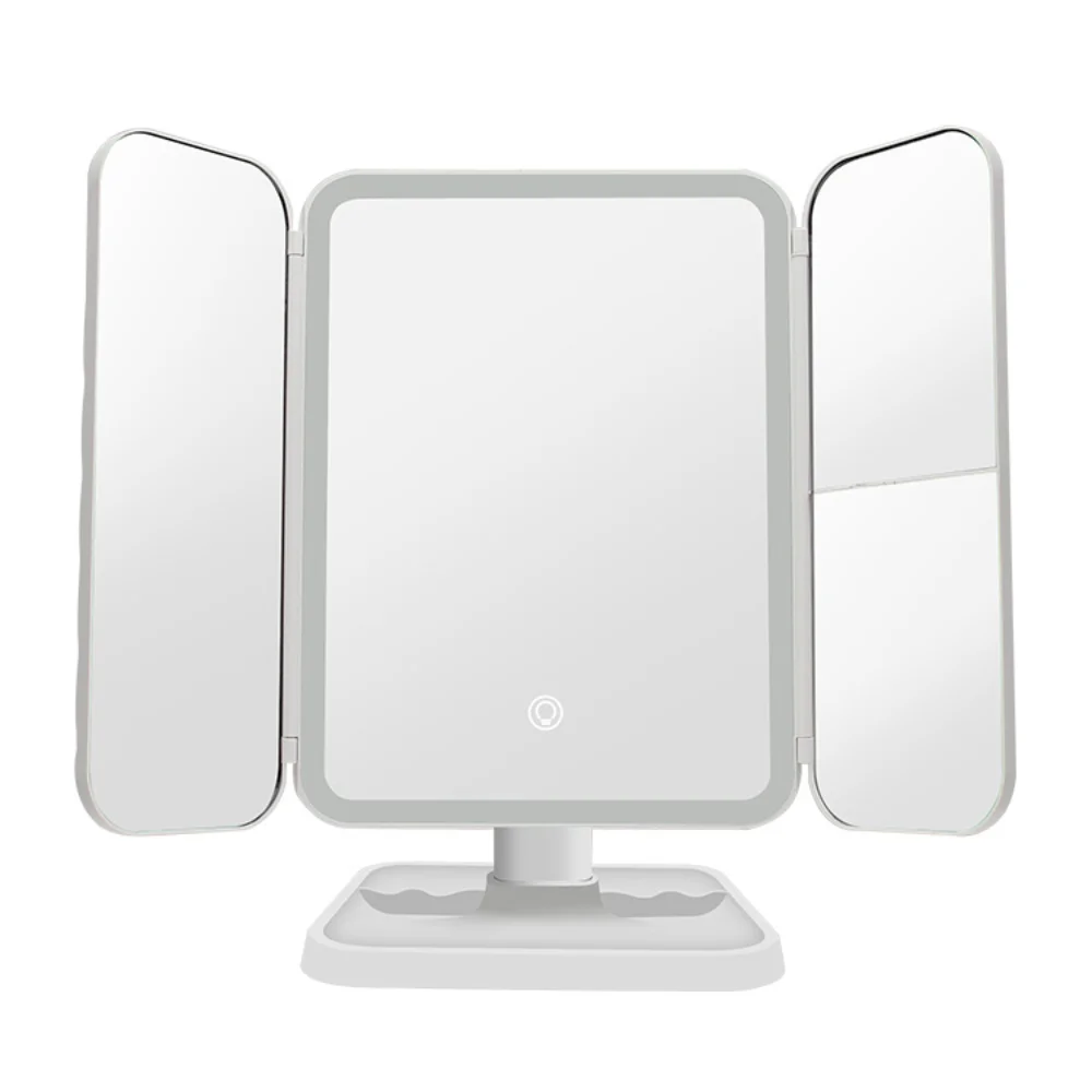 LED Makeup Mirror Lamp, Tri-Fold, Touch Sensing, 180° Rotation, 1X, 2X, 3X Magnifying Cosmetic Mirrors ,Brightness Dimmable