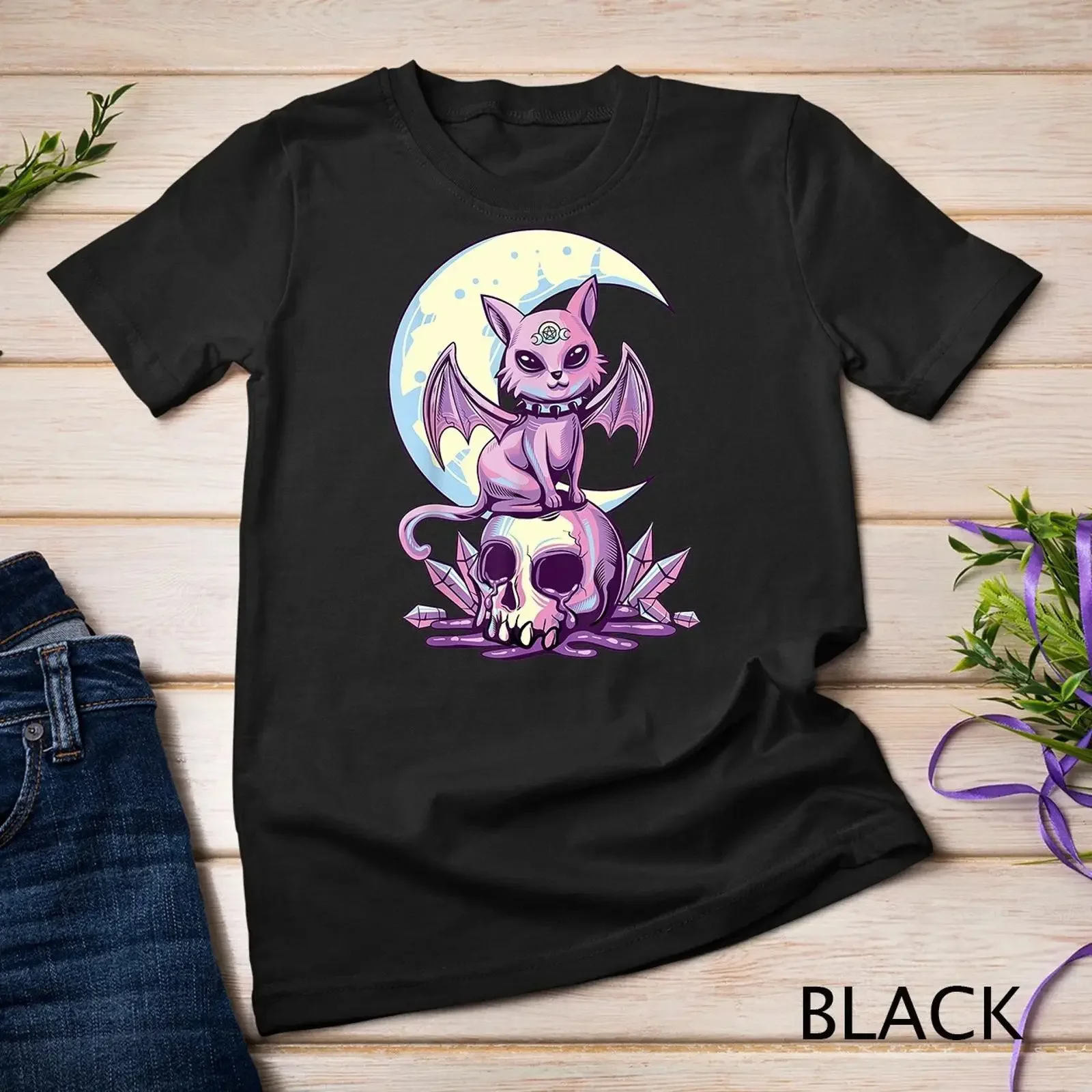 Pastel Goth Wiccan Cat Cute Creepy Witchy and Skull T Shirt  vintage Washed homme Stylish Slightly Unisex Casual Comfortable