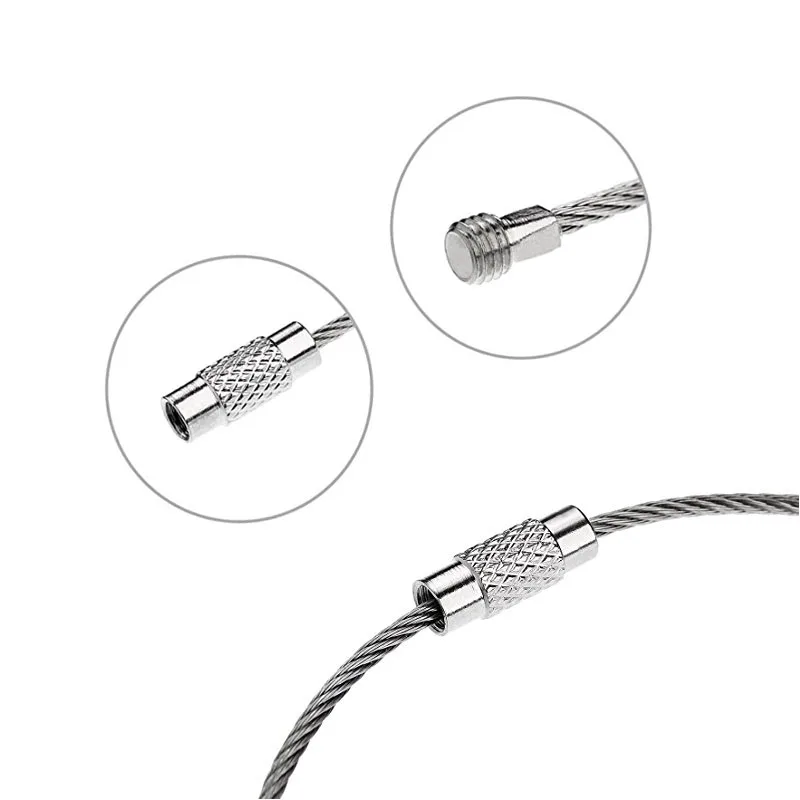 Dia 1.5-2mm EDC Keychain Tag Rope Stainless Steel Wire Cable Loop Screw Lock Gadget Ring Key Keyring Circle Camp Hanging Tool