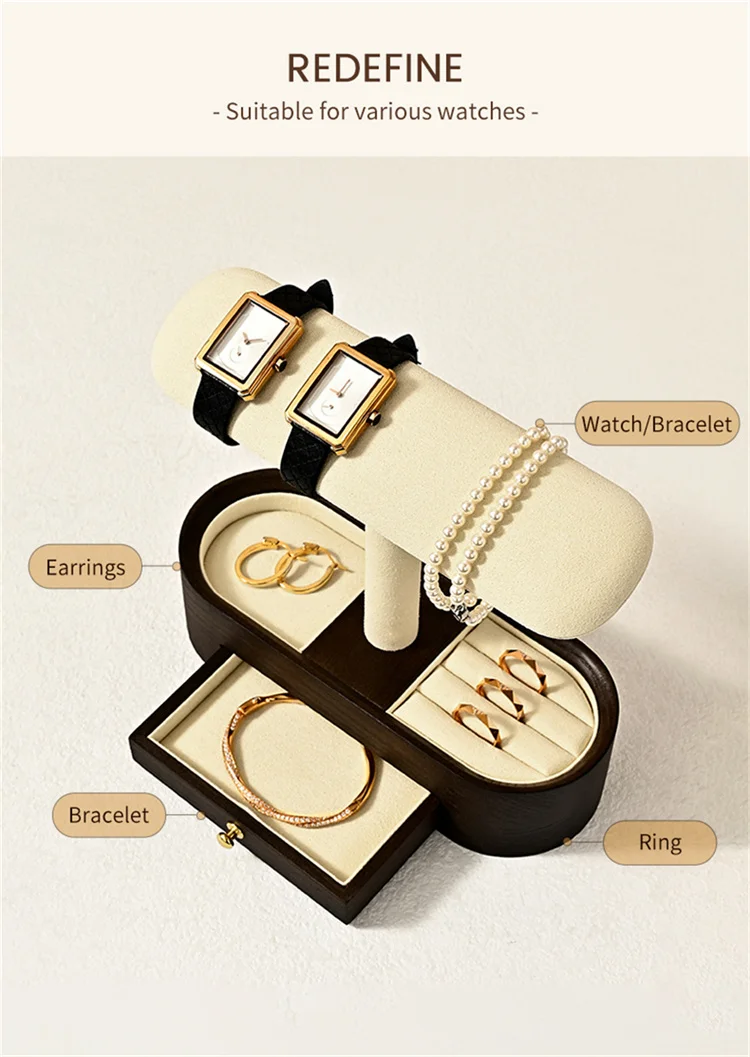 WoodTen Solid Wood Watch Display Stand with Drawers Double Layered Watch Necklace Bracelet Organizer Rack Jewelry Bracelet Stand