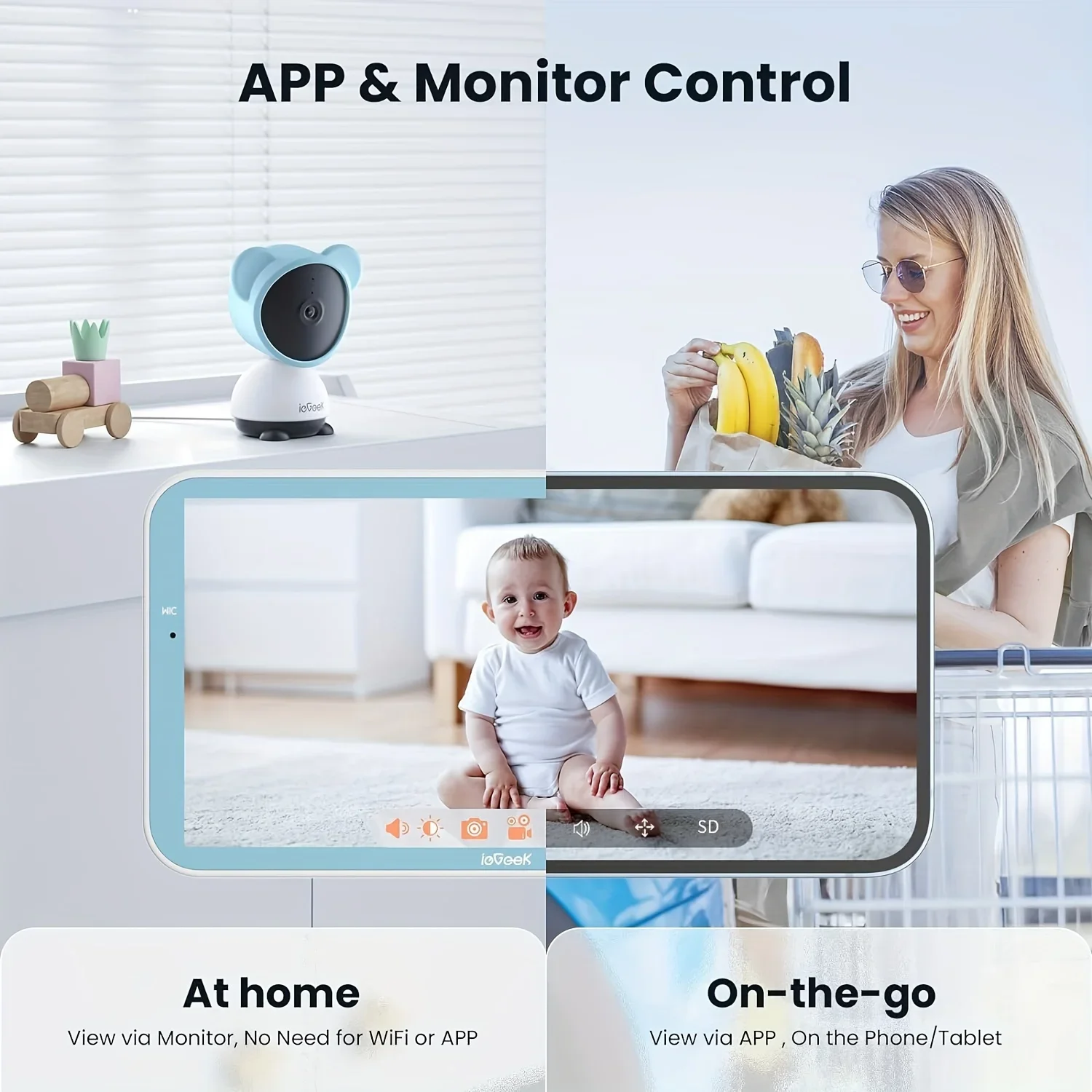 Moniteur pour bébé avec contrôle d'application WiFi pour smartphone, détection de son et de mouvement, conversation bidirectionnelle, 360 ° PTZ, contrôle du moniteur LCD