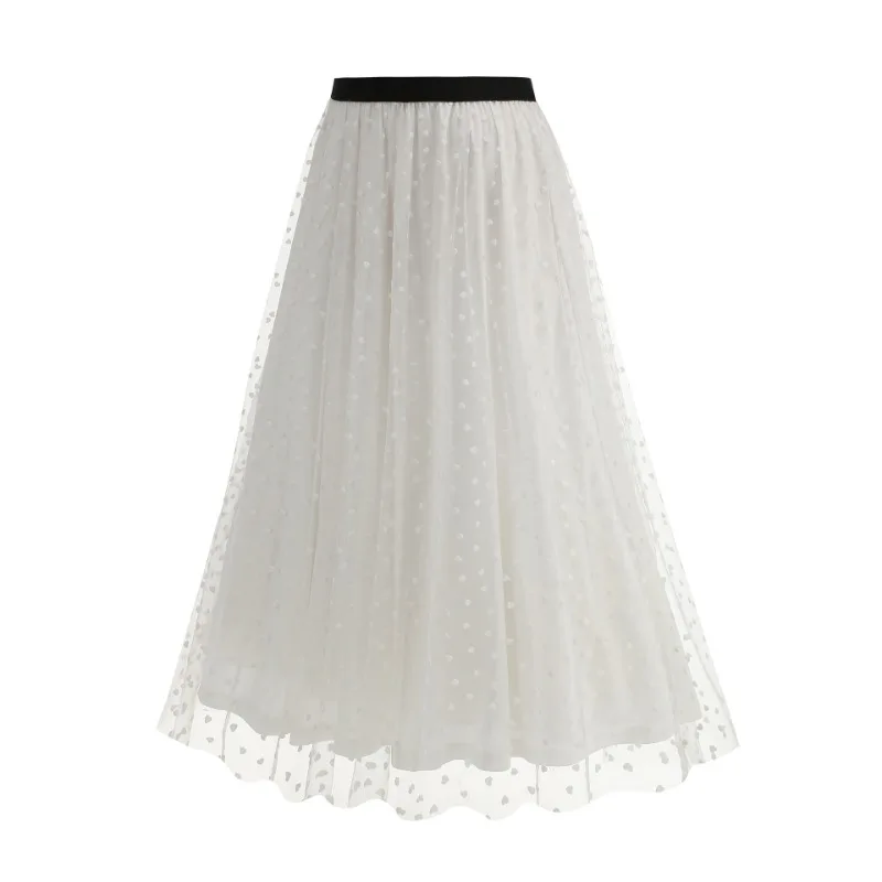 2025 New Vintage Elastic Waist Heart Flocking Mesh Overlay Pleated Skirts Fashion Women's Valentine's Day Summer Long Skirt