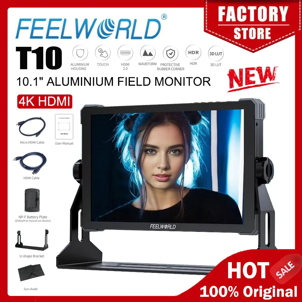 FEELWORLD T10 10.1 Inch Monitor Touch Screen Aluminium DSLR Camera Field Monitor 4K HDMI NP-F External Install and Power Kit