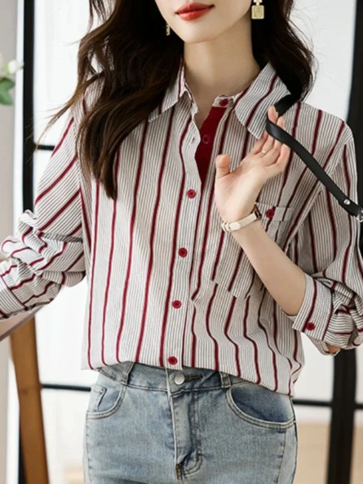 เสื้อแขนยาวลำลองทรงหลวมสตรีทสเลเสื้อคอปกหลวมผู้หญิงแฟชั่นฤดูใบไม้ผลิความยาวแขนปกติ