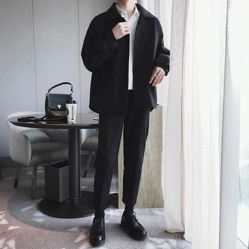 Retro Suit Jacket Mens Windbreaker Korean Style Trendy Casual Loose Suit Jacket Handsome Autumn And Winter Solid Color Coat Men