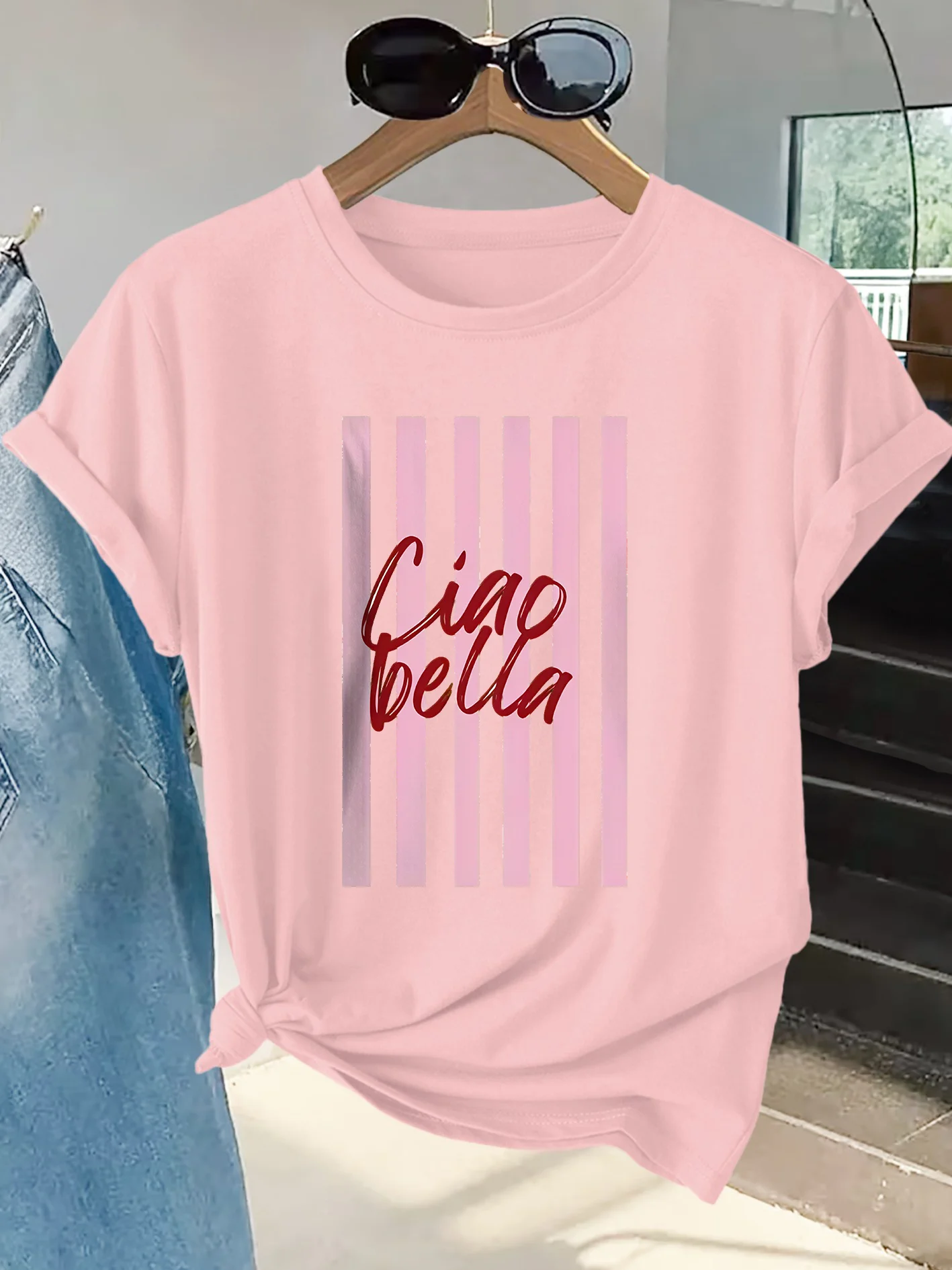 Women's Short Sleeved T-shirt Top Ciao Bella Striped Printed Round Neck Women's Clothing Daily Fashion Casual Women's Tops