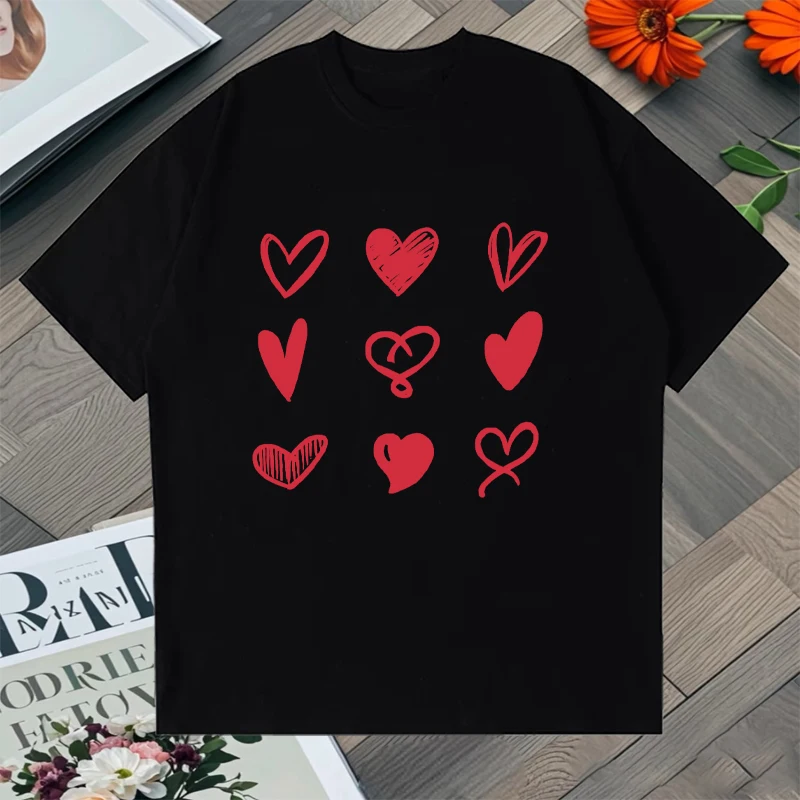

Hot Sale Summer Heart Print O-Neck Tee shirt 100% Cotton T Shirt Short Sleeve T Shirt For Women popular streetwear harajuku Tops