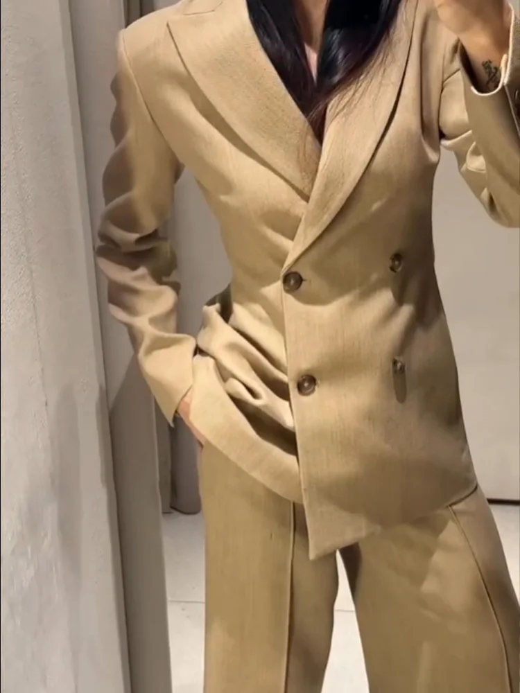 

HH Women Casual High Waist Lapel Double Breasted Long Sleeve Blazer+Zipper Pockets Loose Ribbed Trousers Spring 2 Piece Set