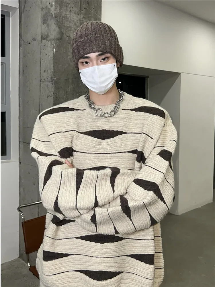 

Warm Knitted Sweater Men's Patchwork Design Autumn Winter Faion Brand Lazy Wave Pattern Couple's Thiened Long Sve Casu...