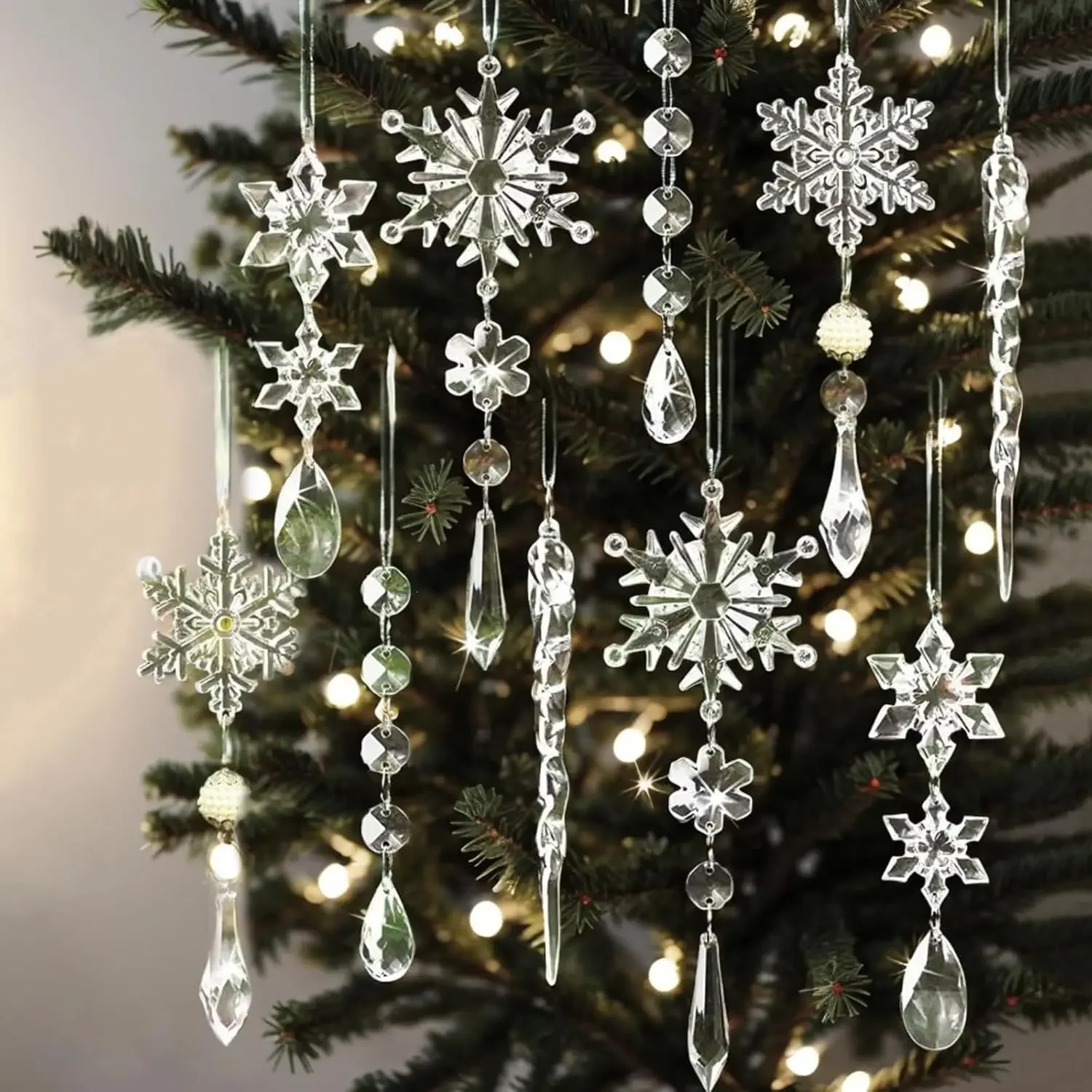 Christmas Acrylic Icicle Snowflake Ornaments Transparent Fake Ice Cone Hanging Pendants Christmas Tree Home Party Decorations