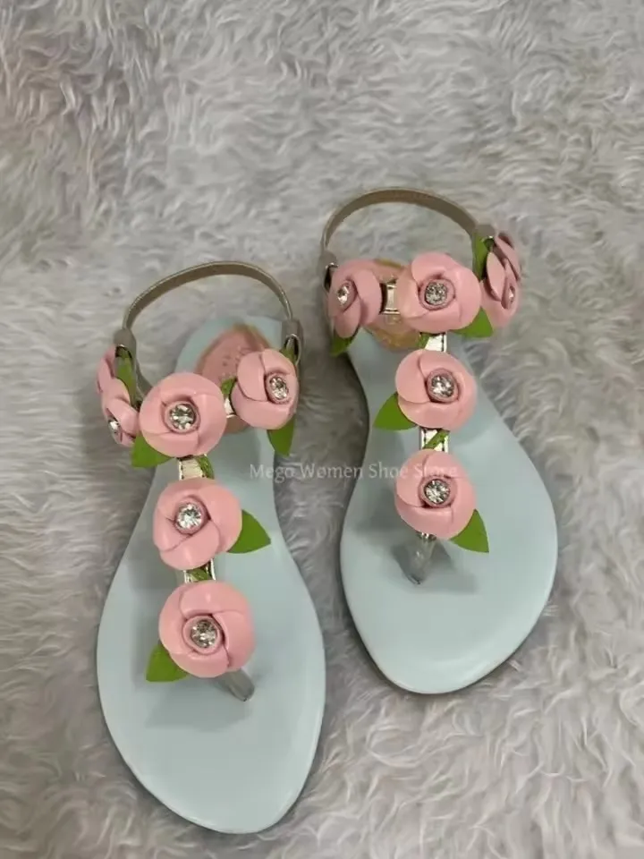 Split Toe Pink Flowers Low Heels Sandals for Women Rose Water Diamonds Decor Leather Sheepskin Sandals Girls Beach Shoe Size 41