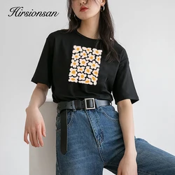 Hirsionsan Little Daisy Print T Shirt Women 2023 New Basic 100% Cotton Summer Tops for Girl Korean Sweet Short Sleeve Female Tee