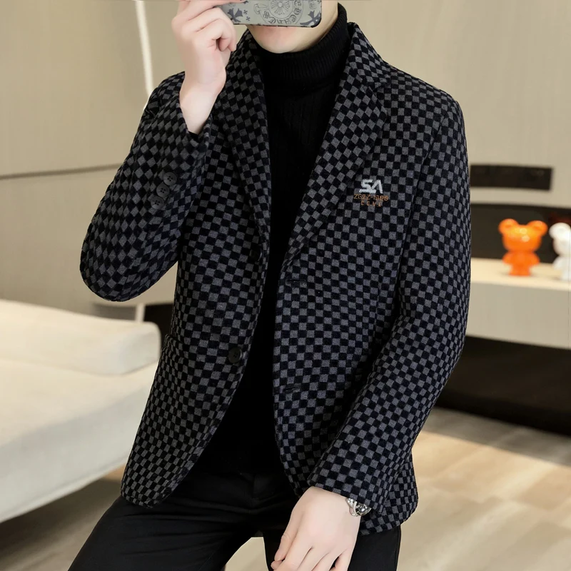 2024 New High Quality Fashion Everything Handsome Trend Leisure Business Men Checkerboard Spring and Autumn Suits