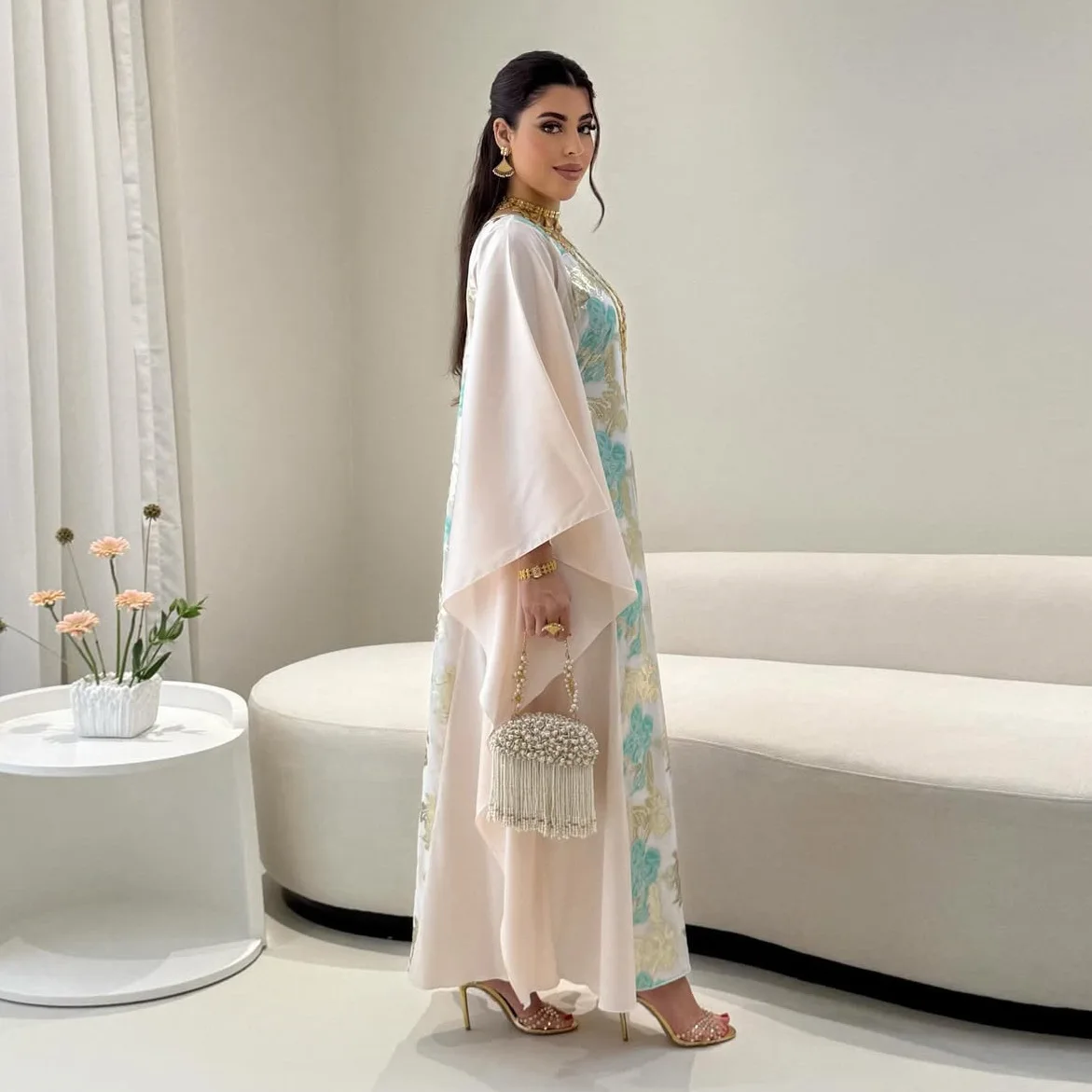 Mq190 2025, Sommer Neue Damen Jacquard Schwerindustrie Besticktes Langes Kleid mit Taille Cinching Design Robe Islam Elegant