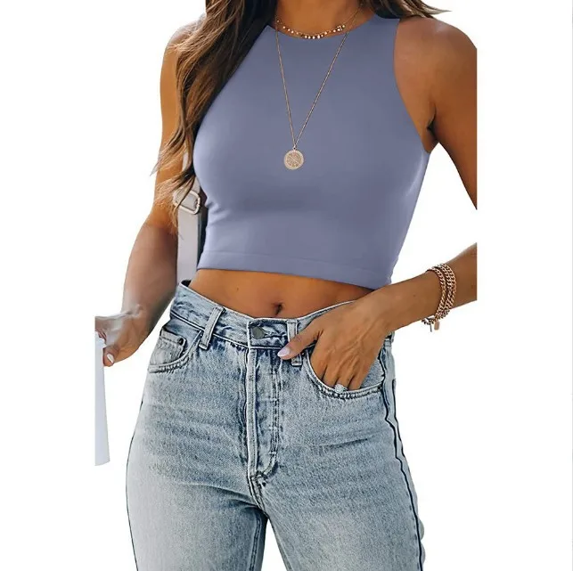 Summer New Sleeveless Round Neck I-shaped Short Solid Color Vest T-shirt Women